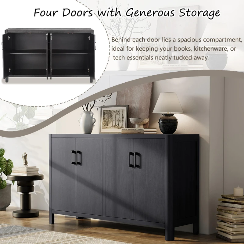 Farmhouse Storage Cabinet with Wood Veneer and Solid Pine Legs, Rustic Accent Sideboard for Entryways, 59" L x 18" W x 36" H, Black