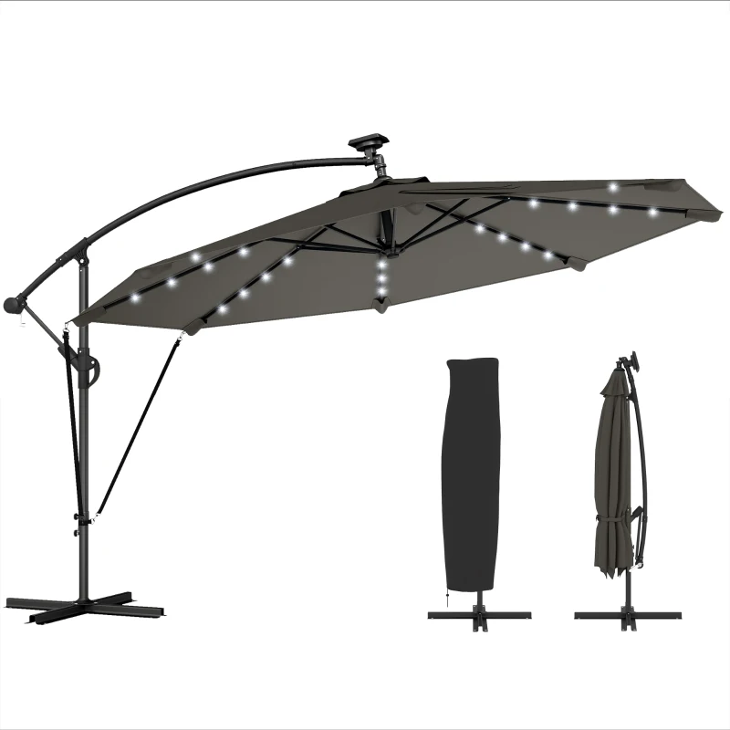 Outsunny 11.3 ft Cantilever Patio Umbrella with Light, Cover, Aluminium UPF50+ Offset Outdoor Umbrella Parasol, Dark Grey