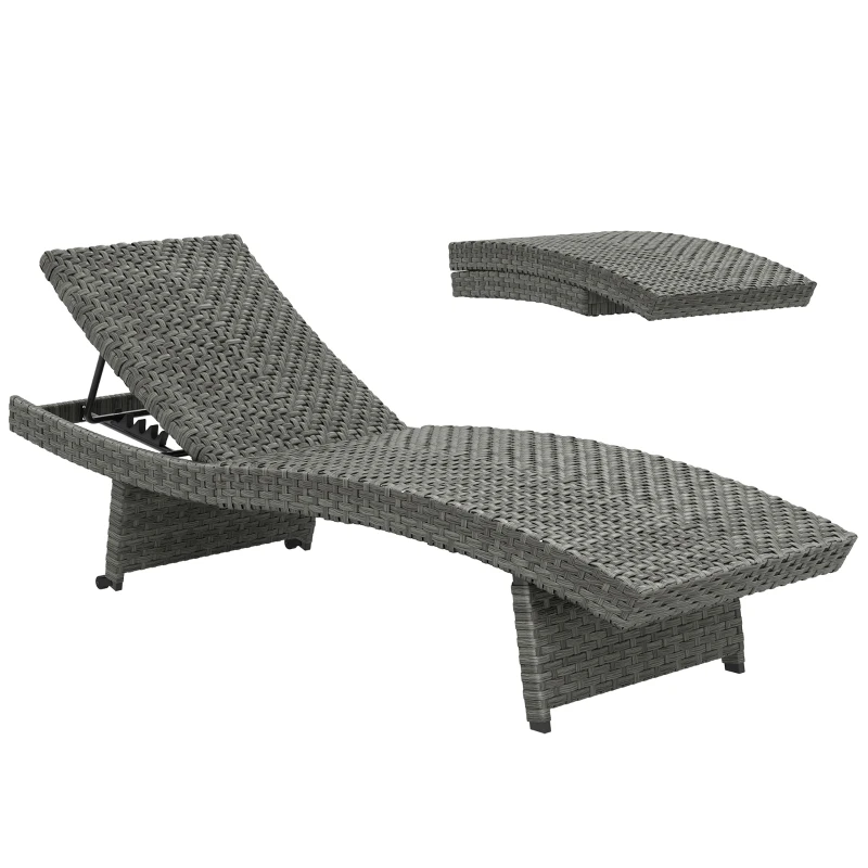 Outsunny Patio Lounger, Folding Wicker Outdoor Chaise Lounge with 4-Level Adjustable Backrest, Grey