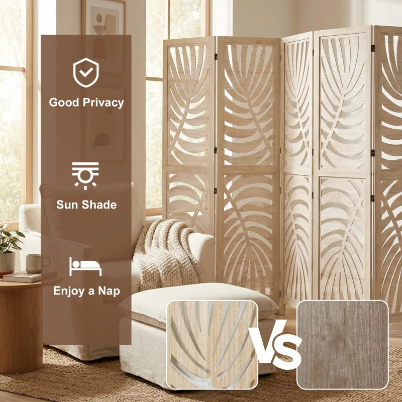 HOMCOM 6 Panel Room Divider, Detachable Folding Privacy Screens with Palm Leaf Design for Home Office, Natural Wood