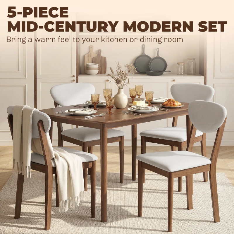 HOMCOM 5-Piece Dining Table Set for 4, Mid-Century Modern Kitchen Table and Chairs, Cream White
