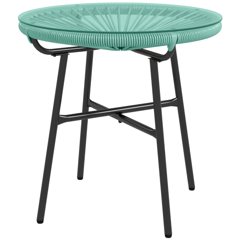 Outsunny Rattan Side Table, Round Outdoor Table, with Round PE Rattan and Tempered Glass Table Top for Patio, Garden, Light Green