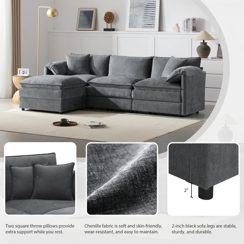 Modular Sectional Sofa with Deep Wide Seats and Cushions, L-Shaped Cloud Couch with Movable Ottoman, 103" L x 59.5" W x 33" H, Dark Gray