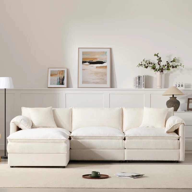 Modular Sectional Sofa with Deep Wide Seats and Cushions, L-Shaped Cloud Couch with Movable Ottoman, 103" L x 59.5" W x 33" H, White