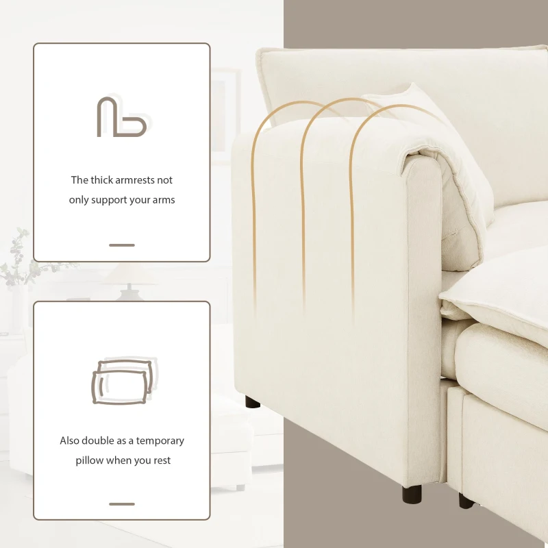 Modular Sectional Sofa with Deep Wide Seats and Cushions, L-Shaped Cloud Couch with Movable Ottoman, 103" L x 59.5" W x 33" H, White