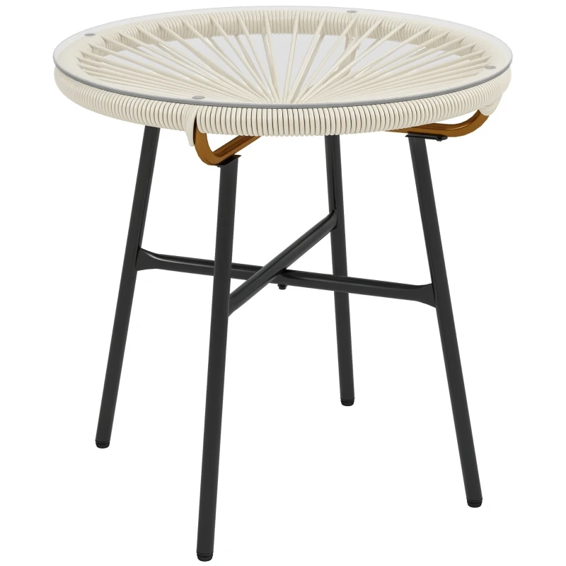 Outsunny Rattan Side Table, Round Outdoor Table, with Round PE Rattan and Tempered Glass Table Top for Patio, Garden, Cream White