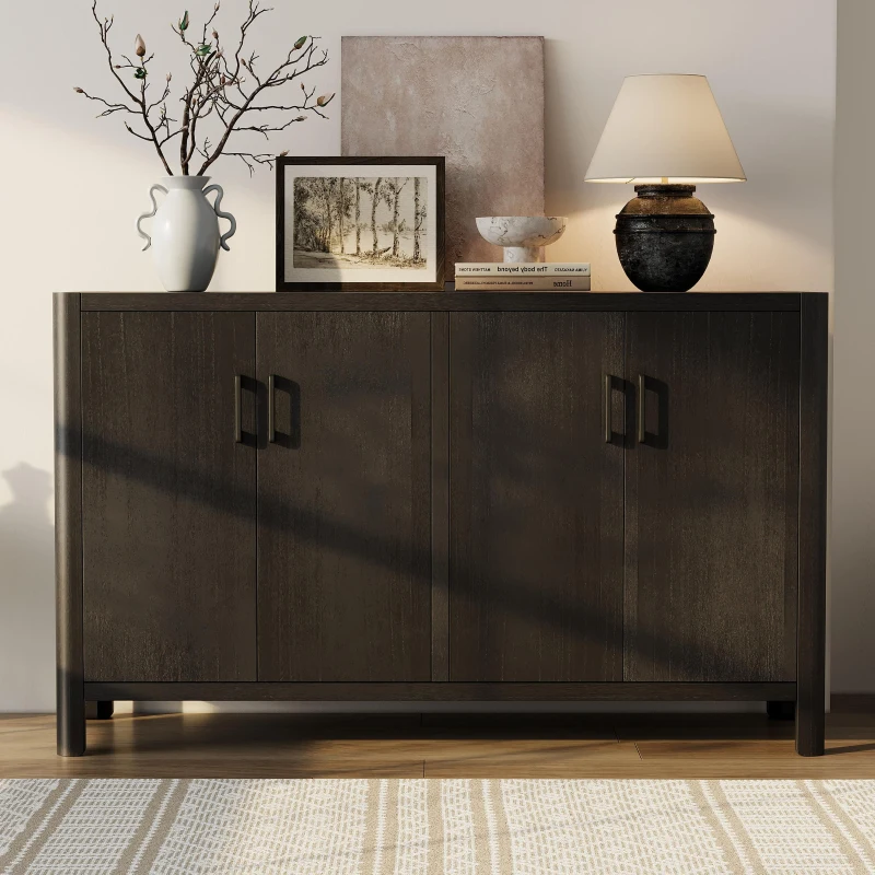 Farmhouse Storage Cabinet with Wood Veneer and Solid Pine Legs, Rustic Accent Sideboard for Entryways, 59" L x 18" W x 36" H, Black