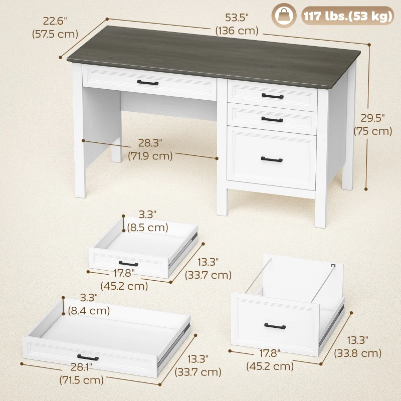 HOMCOM 54" Farmhouse Executive Desk, Computer Desk with Drawers, Adjustable Hanging Rails for for A4/Letter Size Files, White
