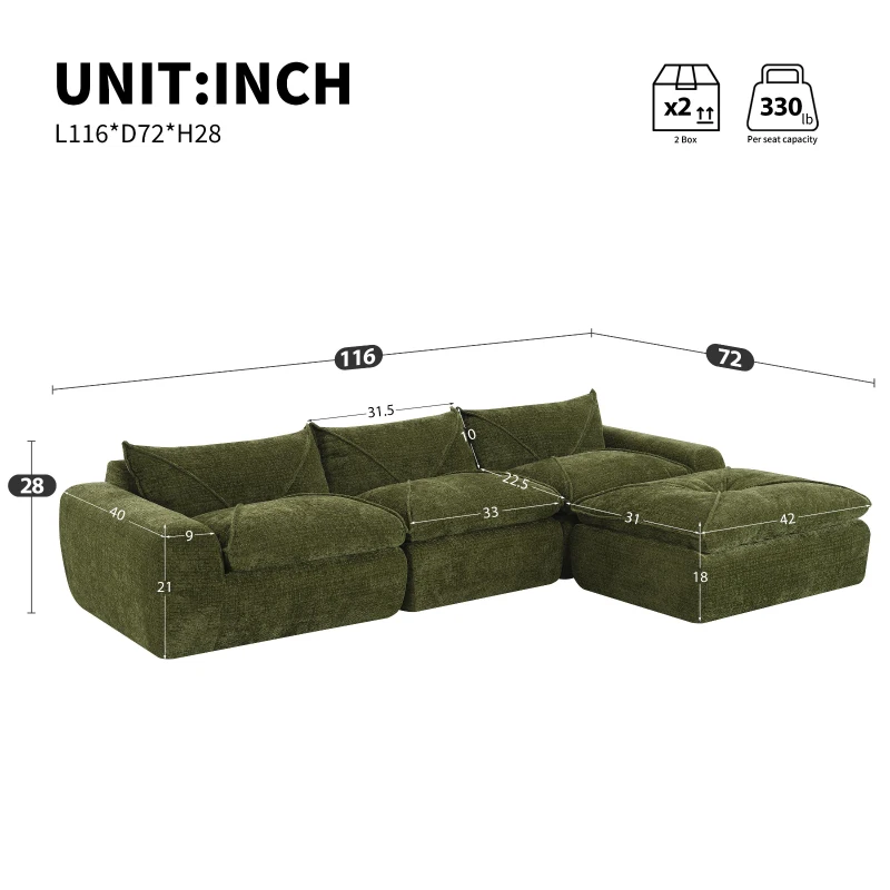 Modular Sectional Sofa with High-Density Foam and Pocket Springs, Oversized Compressed Sofa for Living Room, 116" L x 72" W x 28" H, Green