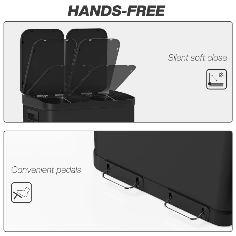 HOMCOM Kitchen Garbage Bin, 2 x 7.9 Gal (2 x 30 L) Trash Can, Soft-Close Garbage Can with Removable Inner Buckets, Black