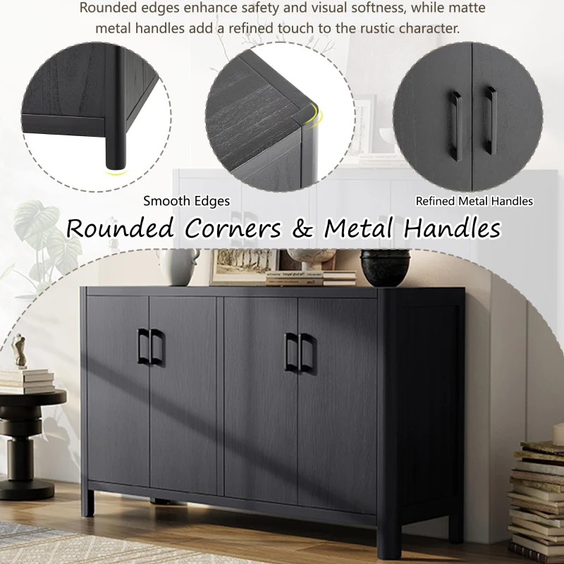 Farmhouse Storage Cabinet with Wood Veneer and Solid Pine Legs, Rustic Accent Sideboard for Entryways, 59" L x 18" W x 36" H, Black