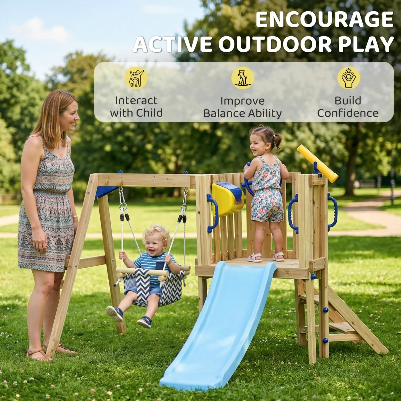 Outsunny Swing Set for Backyard, Wooden Toddler Outdoor Playset with Baby Swing Seat, Kids Slide, Fort, Playground Equipment with Captain's Wheel, Telescope for Ages 1.5-4, Natural