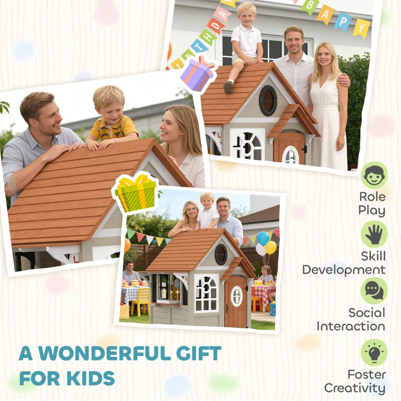 Qaba Outdoor Playhouse, Wooden Kids Playhouse with Dog Door, Cookware, Blackboard, Clock, Tic-Tac-Toe Roller for Backyard