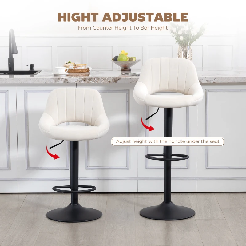 HOMCOM Bar Stools Set of 2, Swivel Counter Height Barstools with Adjustable Height and Cutout Back, Velvet Upholstered Bar Chairs with Round Metal Base and Footrest, Cream