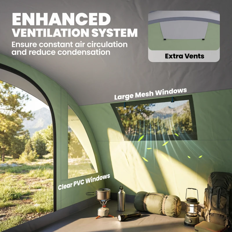 Outsunny Multi-Room Camping Tent for 2-4 Person, Easy Set up Large Family Tent with 4 Windows, Porch, Light Green