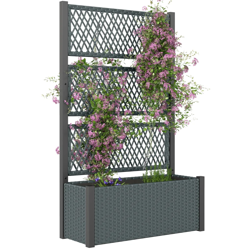 Outsunny Wicker Outdoor Planter with Trellis, 58" Standing Garden Bed with Liner, Drainage Holes for Climbing Plants, Dark Grey