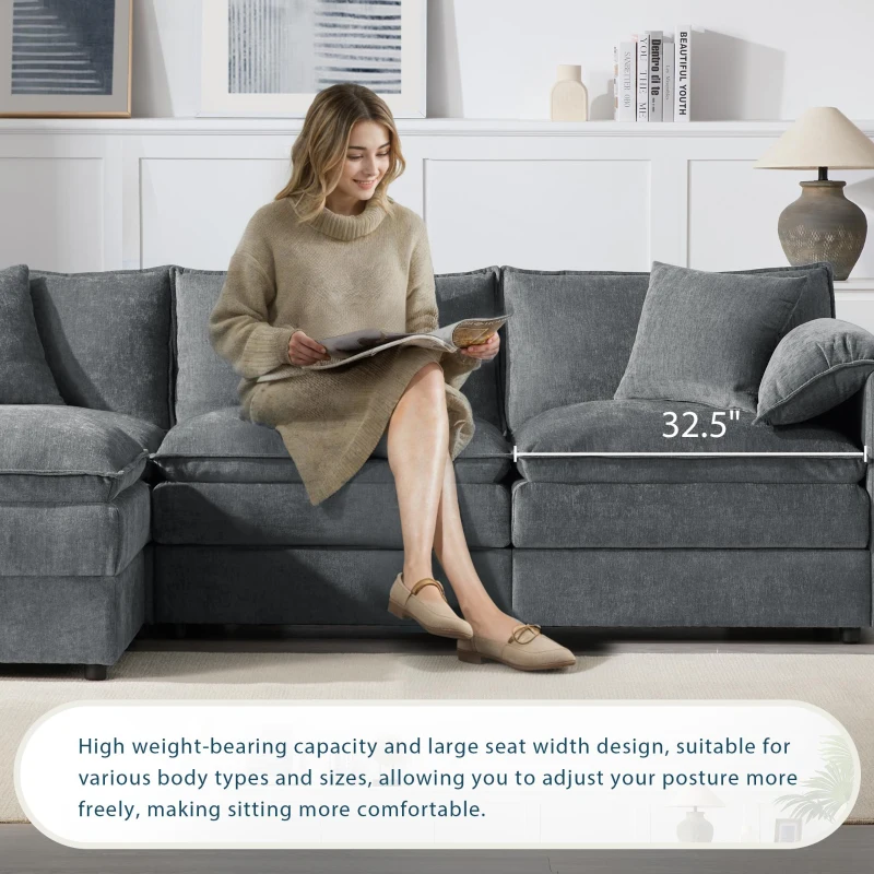 Modular Sectional Sofa with Deep Wide Seats and Cushions, L-Shaped Cloud Couch with Movable Ottoman, 103" L x 59.5" W x 33" H, Dark Gray