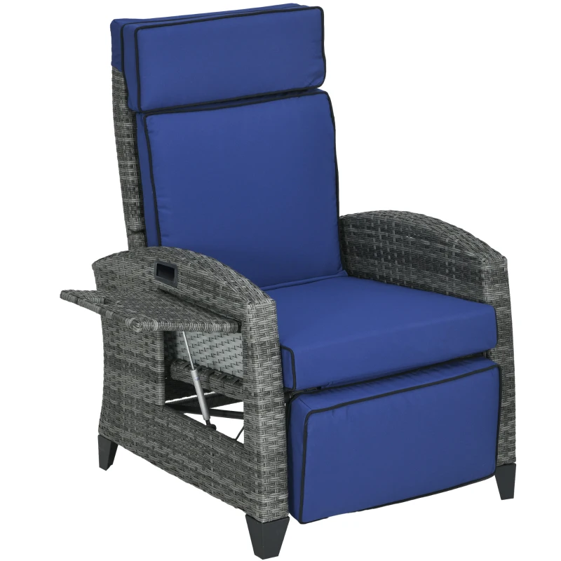 Outsunny Outdoor Recliner Chair with Adjustable Backrest, Cushion, Side Tray, Dark Blue