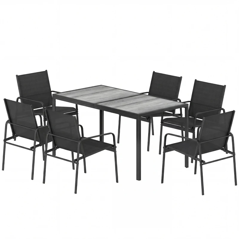 Outsunny Outdoor Dining Set for 6, Faux Wood Patio Table and Chairs with Breathable Mesh Seat, Galvanized Steel Frame, Black