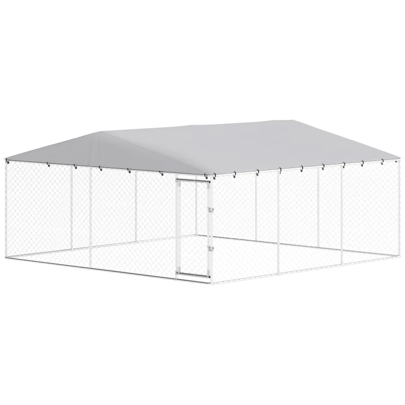 PawHut 14.8' x 14.8' x 7.1' Dog Kennel Outdoor for Small Medium Large Dogs with Waterproof Cover, Silver