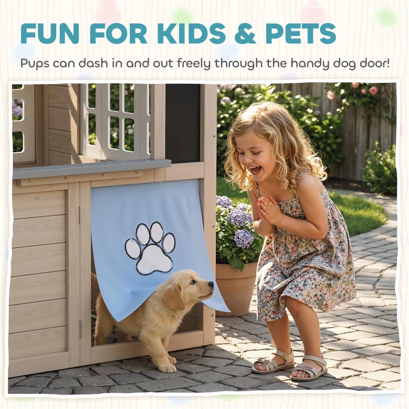 Qaba Outdoor Playhouse, Wooden Kids Playhouse with Dog Door, Cookware, Planter Box, Bell, Blackboard, Clock for Backyard
