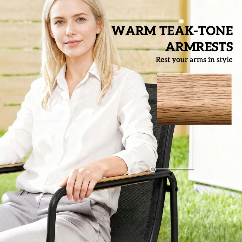 Outsunny 7 Pieces Outdoor Dining Set for 6, Glass Patio Table and Chairs with Decorative Armrests, All Weather Mesh, Black