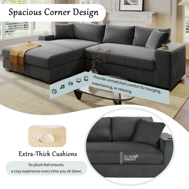 Large Corner Sectional Sofa with Extra-Thick Cushions, Comfortable Upholstered Couch for Living Room, 111.5" L x 59" W x 32" H, Gray