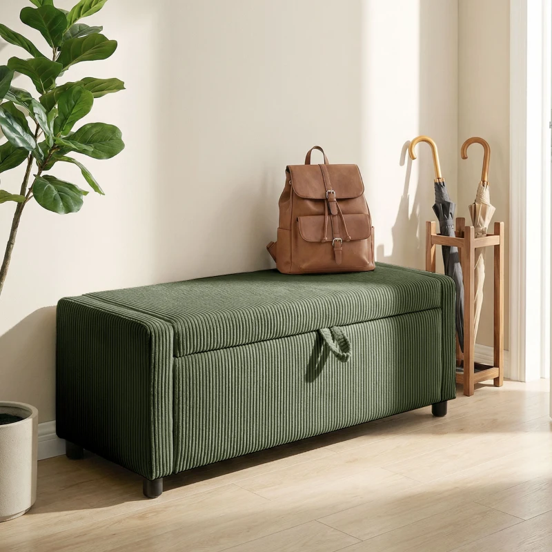HOMCOM Storage Ottoman, Upholstered Corduroy End of Bed Bench with Thick Padding, Storage Bench for Bedroom, Dark Green