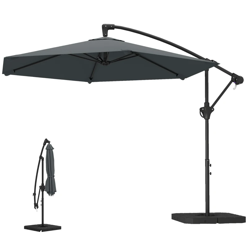 Outsunny 9.7 ft Offset Patio Umbrella with Water/Sand Fillable Weights, Garden Hanging Parasol with Locking Latch, Dark Grey