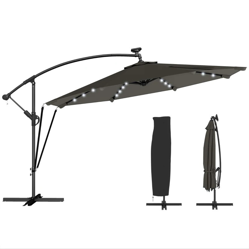 Outsunny 11.3 ft Cantilever Patio Umbrella with Light, Cover, Aluminium UPF50+ Offset Outdoor Umbrella Parasol, Dark Grey