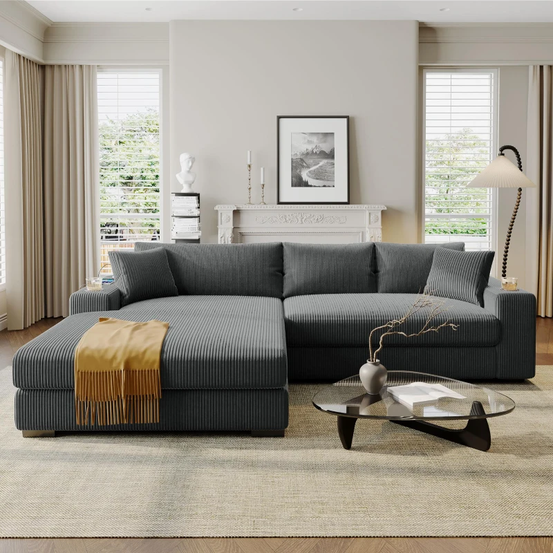 Large Corner Sectional Sofa with Extra-Thick Cushions, Comfortable Upholstered Couch for Living Room, 111.5" L x 59" W x 32" H, Gray