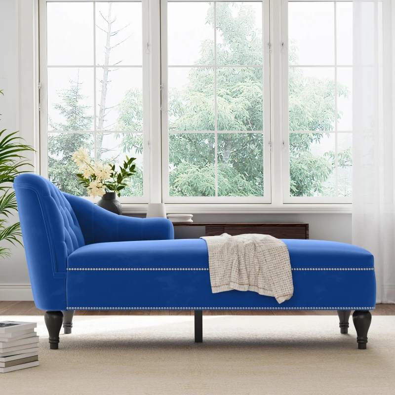 Exquisite Chaise Lounge with Button-Tufted Design and Nailhead Trim, Right-Arm Facing Chaise for Living Room, 58" L x 26.5" W x 28.5" H, Blue