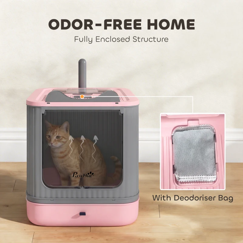 PawHut Cat Litter Box with Lid, Enclosed Litter Box for Medium Cats, Front-Entry and Top-Exit, Scoop, Deodorizer Bag, Pink