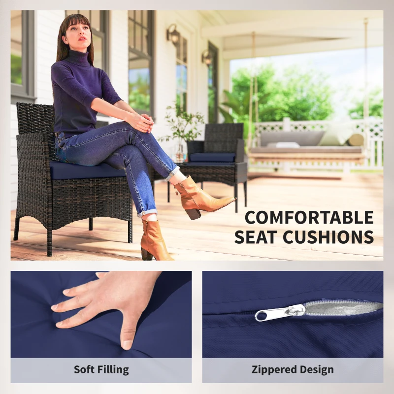 Outsunny 4 Pieces Wicker Outdoor Balcony Furniture Set Rattan Patio Furniture Set with Loveseat Chairs Glass Coffee Table Navy Blue