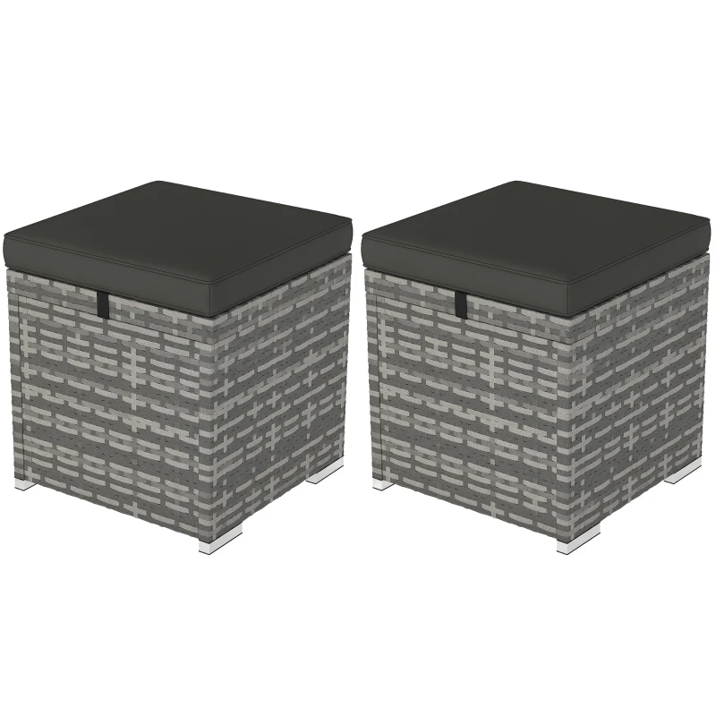 Outsunny 2 Pieces Wicker Outdoor Ottoman with Storage, Cushion, Square Outdoor Footstool, Seating, Side Table, Dark Grey