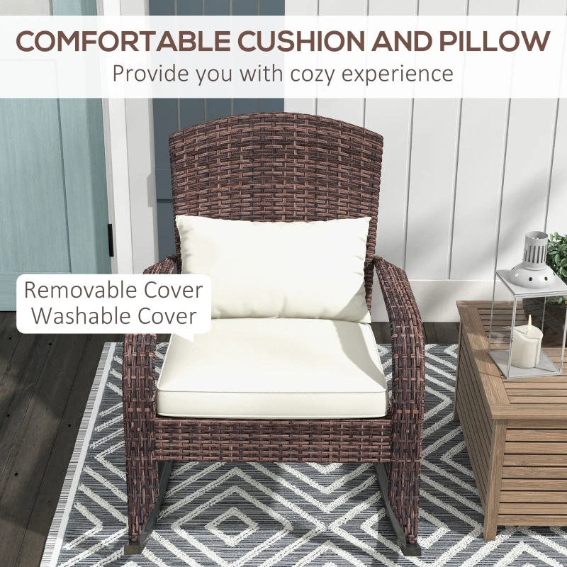 Outsunny Adirondack Chair, Outdoor Wicker Rocking Chair with High Back, Seat Cushion and Pillow for Porch, Balcony, Cream/Brown