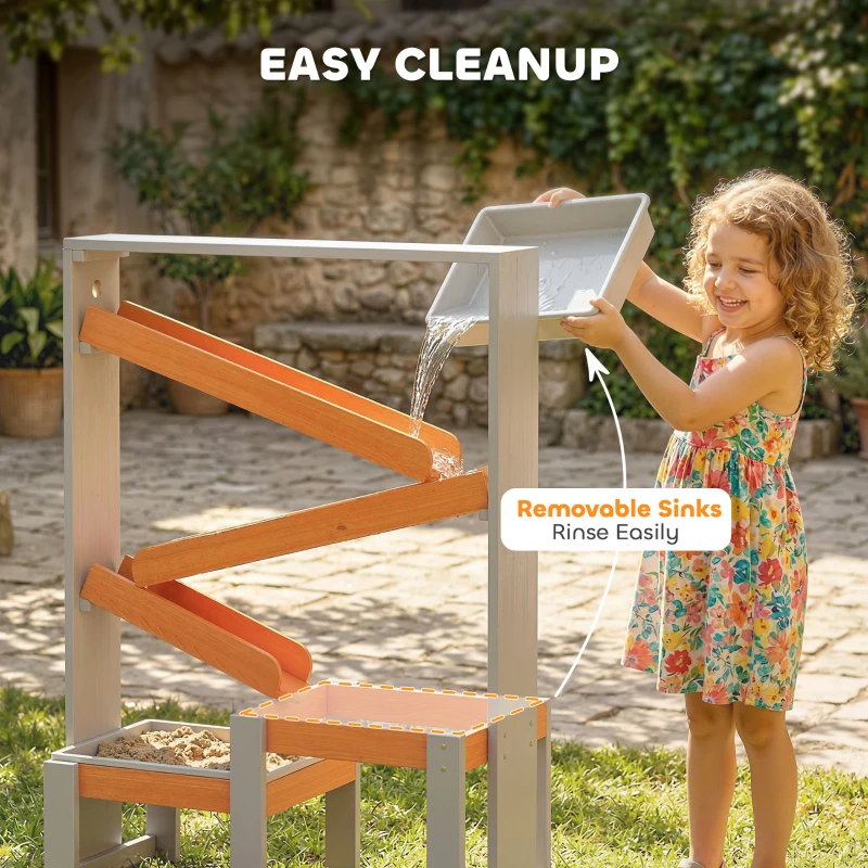 Qaba Wooden Sandbox, Kids Sand and Water Table with Waterway Track and Dual Boxes, Sensory Table for Outdoor, Grey