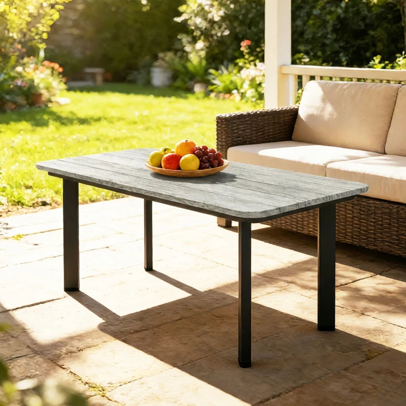Outsunny Outdoor Garden Coffee Table, Patio Table with Slatted Wood Plastic Composite Top and Steel Frame, Grey