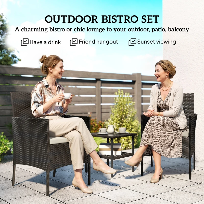 Outsunny Wicker Bistro Set, 3 Piece Patio Furniture Set with 2-Tier Glass Top Table, Cushions for Balcony, Porch, Khaki