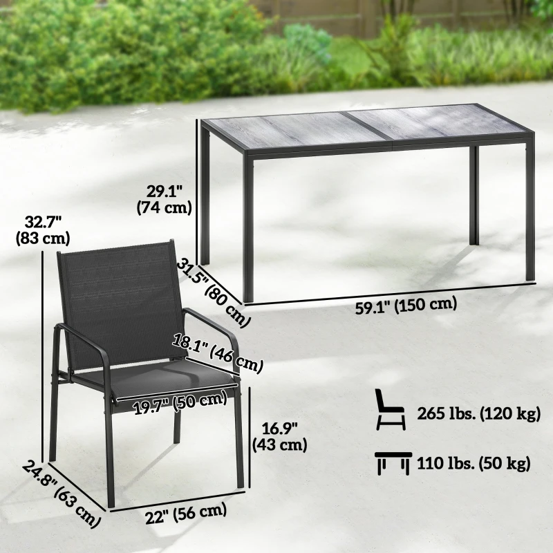 Outsunny Outdoor Dining Set for 6, Faux Wood Patio Table and Chairs with Breathable Mesh Seat, Galvanized Steel Frame, Black