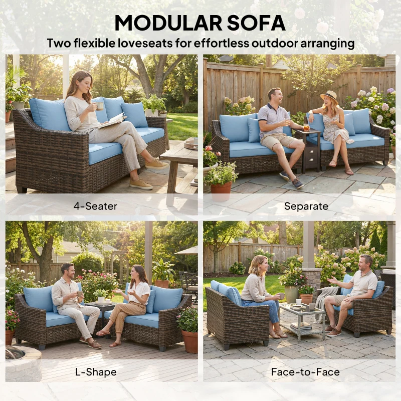 Outsunny PE Wicker Outdoor Couch Sofa, 4-Seater Modular Patio Furniture Lounge Set with 2 Loveseats, Cushions, Pillows, Blue