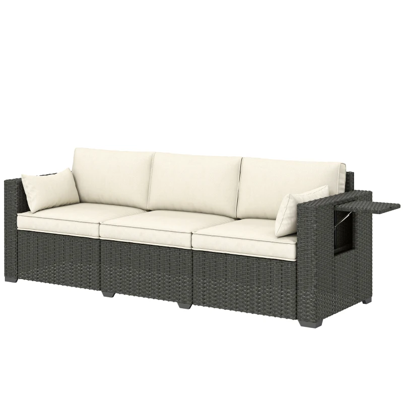 Outsunny 3 Seater Wicker Patio Sofa with Side Trays, Outdoor Couch with 6" Thick Back Cushions, Deep Seating, Cream White