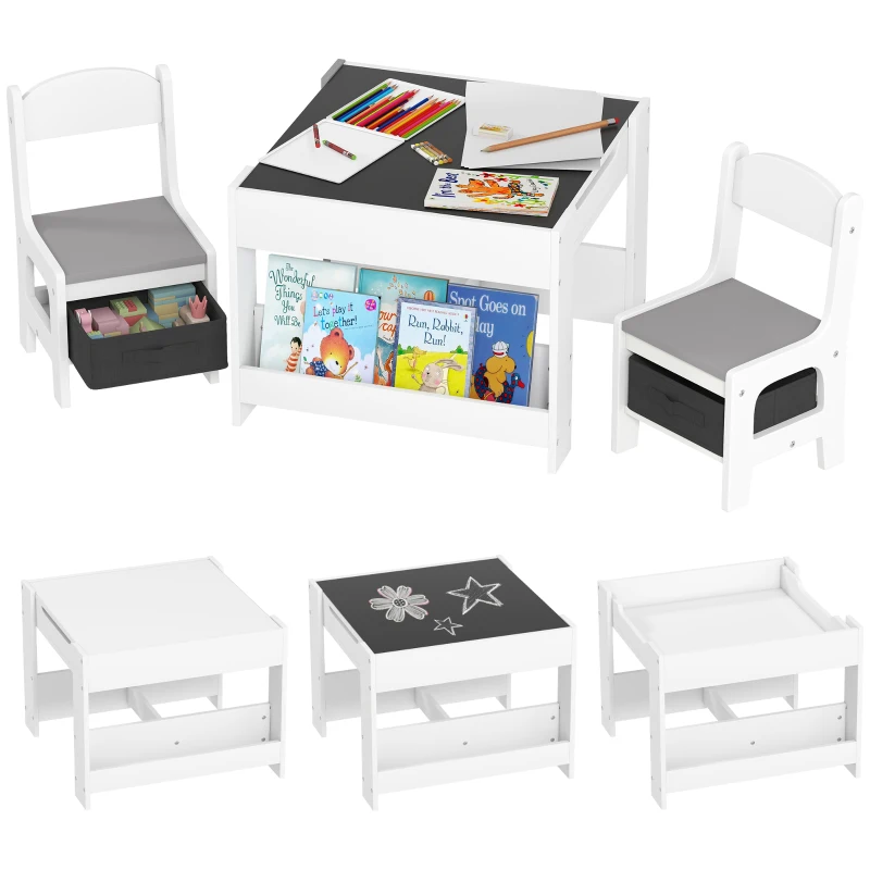 Qaba 3pc Kids Table and Chair Set with Reversible Tabletop Blackboard, Storage & Bookshelves, Gray