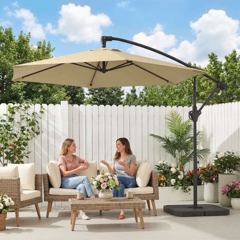 Outsunny 9.7 ft Offset Patio Umbrella with Water/Sand Fillable Weights, Garden Hanging Parasol with Locking Latch, Khaki