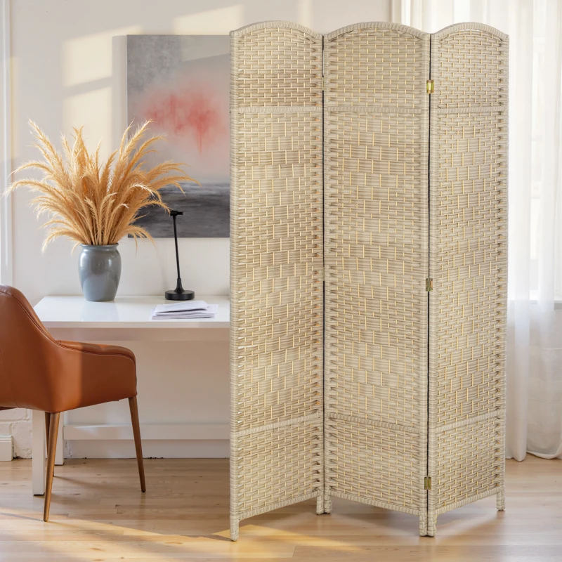 HOMCOM 6 Ft Tall Folding Room Divider, 3 Panel Portable Privacy Screen, Hand-Woven Partition Wall Divider, Light Oak