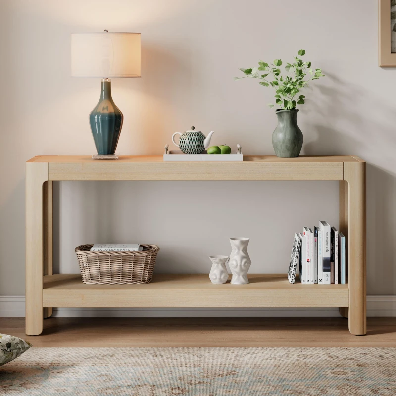 Elegant Farmhouse Console Table with Knot-Free Pine Legs, Accent Sofa Table with Solid Wood Veneer Top, 59" L x 15.5" W x 30" H, Natural