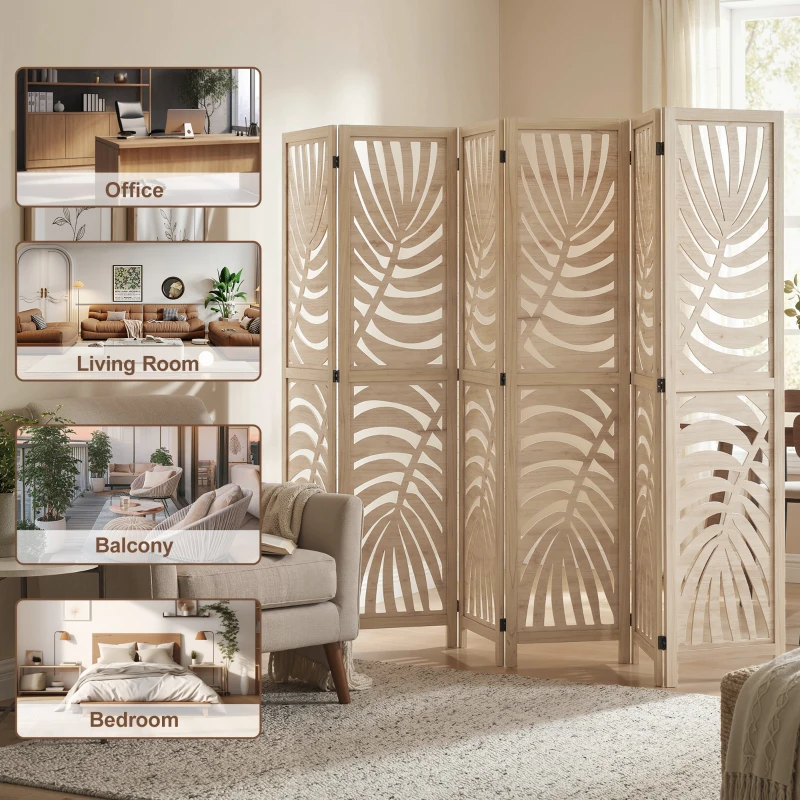 HOMCOM 6 Panel Room Divider, Detachable Folding Privacy Screens with Palm Leaf Design for Home Office, Natural Wood