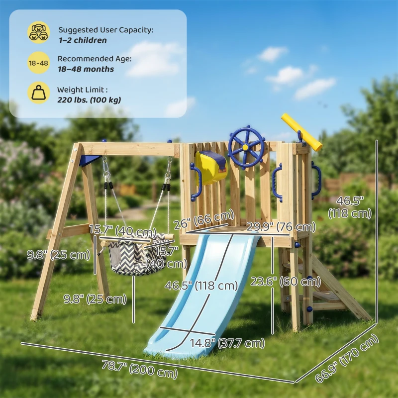 Outsunny Wooden Kids Swing Set with Slide, Swing Seat, Captain's Wheel, Telescope, for Ages 18-48 Months, Natural