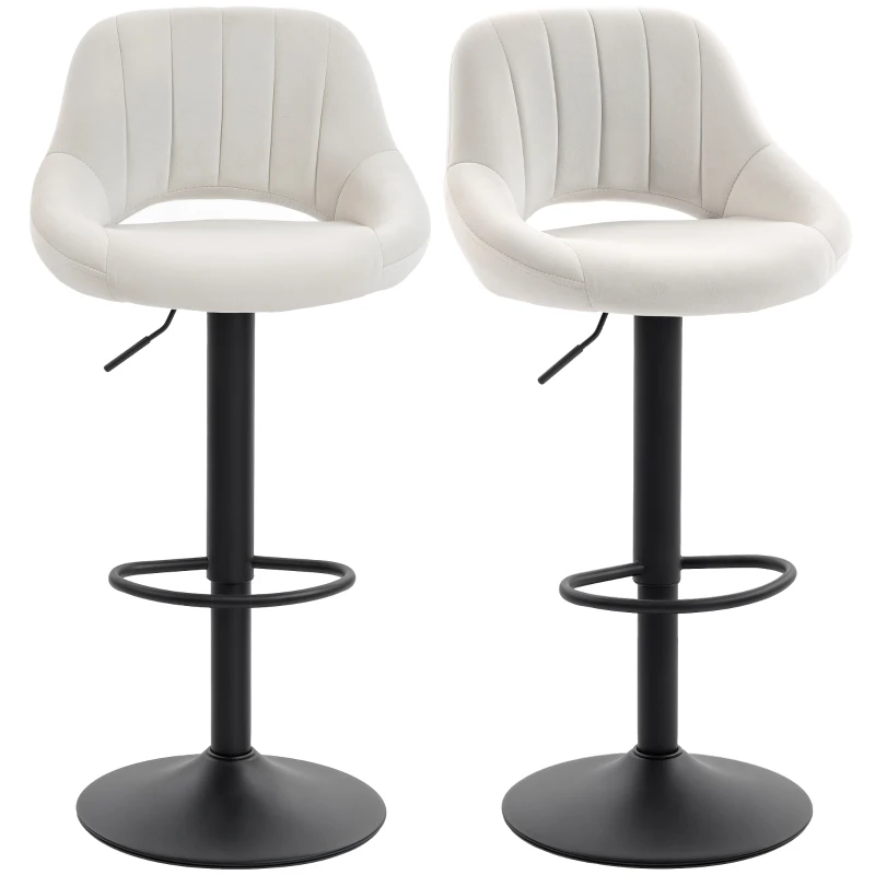 HOMCOM Bar Stools Set of 2, Swivel Counter Height Barstools with Adjustable Height and Cutout Back, Velvet Upholstered Bar Chairs with Round Metal Base and Footrest, Cream
