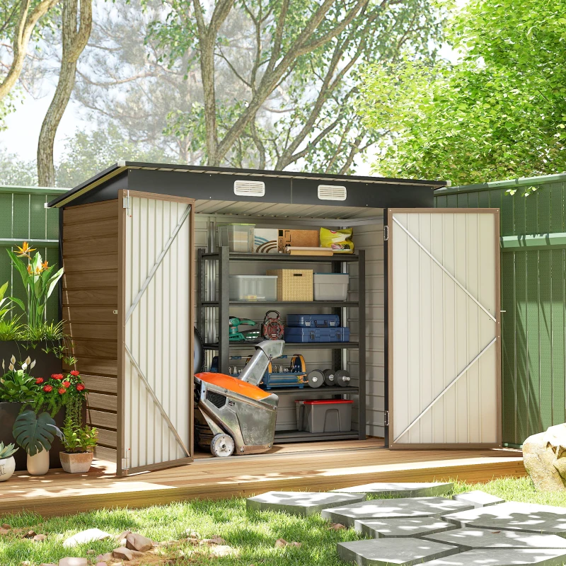 Outsunny 8 x 4FT Galvanized Garden Storage Shed, Metal Outdoor Shed with Double Doors and 2 Vents, Teak
